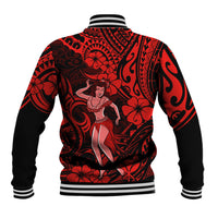 Hawaii Hula Girl Baseball Jacket Hibiscus Hawaii Tribal Tattoo Red Version - Wonder Print Shop