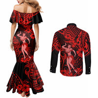hawaii-hula-girl-couples-matching-mermaid-dress-and-long-sleeve-button-shirts-hibiscus-hawaii-tribal-tattoo-red-version