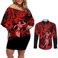 Hawaii Hula Girl Couples Matching Off Shoulder Short Dress and Long Sleeve Button Shirts Hibiscus Hawaii Tribal Tattoo Red Version - Wonder Print Shop