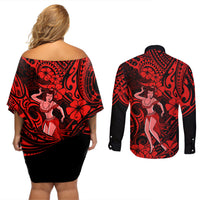 Hawaii Hula Girl Couples Matching Off Shoulder Short Dress and Long Sleeve Button Shirts Hibiscus Hawaii Tribal Tattoo Red Version - Wonder Print Shop