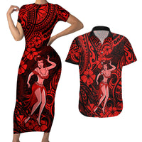 Hawaii Hula Girl Couples Matching Short Sleeve Bodycon Dress and Hawaiian Shirt Hibiscus Hawaii Tribal Tattoo Red Version - Wonder Print Shop