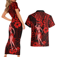 Hawaii Hula Girl Couples Matching Short Sleeve Bodycon Dress and Hawaiian Shirt Hibiscus Hawaii Tribal Tattoo Red Version - Wonder Print Shop