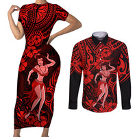 Hawaii Hula Girl Couples Matching Short Sleeve Bodycon Dress and Long Sleeve Button Shirts Hibiscus Hawaii Tribal Tattoo Red Version - Wonder Print Shop