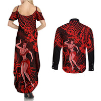 Hawaii Hula Girl Couples Matching Summer Maxi Dress and Long Sleeve Button Shirts Hibiscus Hawaii Tribal Tattoo Red Version - Wonder Print Shop