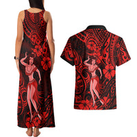 Hawaii Hula Girl Couples Matching Tank Maxi Dress and Hawaiian Shirt Hibiscus Hawaii Tribal Tattoo Red Version - Wonder Print Shop