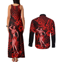 Hawaii Hula Girl Couples Matching Tank Maxi Dress and Long Sleeve Button Shirts Hibiscus Hawaii Tribal Tattoo Red Version - Wonder Print Shop