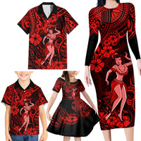Hawaii Hula Girl Family Matching Long Sleeve Bodycon Dress and Hawaiian Shirt Hibiscus Hawaii Tribal Tattoo Red Version - Wonder Print Shop
