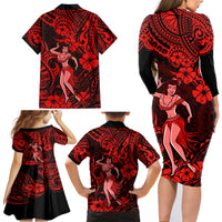 Hawaii Hula Girl Family Matching Long Sleeve Bodycon Dress and Hawaiian Shirt Hibiscus Hawaii Tribal Tattoo Red Version - Wonder Print Shop