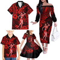 Hawaii Hula Girl Family Matching Off Shoulder Long Sleeve Dress and Hawaiian Shirt Hibiscus Hawaii Tribal Tattoo Red Version - Wonder Print Shop