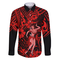 Hawaii Hula Girl Family Matching Off Shoulder Long Sleeve Dress and Hawaiian Shirt Hibiscus Hawaii Tribal Tattoo Red Version - Wonder Print Shop