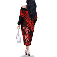 Hawaii Hula Girl Family Matching Off Shoulder Long Sleeve Dress and Hawaiian Shirt Hibiscus Hawaii Tribal Tattoo Red Version - Wonder Print Shop