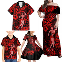 Hawaii Hula Girl Family Matching Off Shoulder Maxi Dress and Hawaiian Shirt Hibiscus Hawaii Tribal Tattoo Red Version - Wonder Print Shop