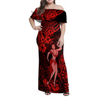 Hawaii Hula Girl Family Matching Off Shoulder Maxi Dress and Hawaiian Shirt Hibiscus Hawaii Tribal Tattoo Red Version - Wonder Print Shop