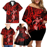 Hawaii Hula Girl Family Matching Off Shoulder Short Dress and Hawaiian Shirt Hibiscus Hawaii Tribal Tattoo Red Version - Wonder Print Shop