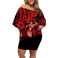 Hawaii Hula Girl Family Matching Off Shoulder Short Dress and Hawaiian Shirt Hibiscus Hawaii Tribal Tattoo Red Version - Wonder Print Shop