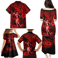 Hawaii Hula Girl Family Matching Puletasi Dress and Hawaiian Shirt Hibiscus Hawaii Tribal Tattoo Red Version - Wonder Print Shop