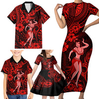 Hawaii Hula Girl Family Matching Short Sleeve Bodycon Dress and Hawaiian Shirt Hibiscus Hawaii Tribal Tattoo Red Version - Wonder Print Shop