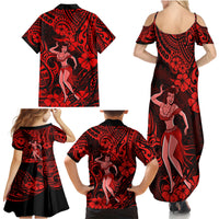 Hawaii Hula Girl Family Matching Summer Maxi Dress and Hawaiian Shirt Hibiscus Hawaii Tribal Tattoo Red Version - Wonder Print Shop