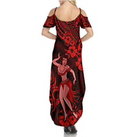 Hawaii Hula Girl Family Matching Summer Maxi Dress and Hawaiian Shirt Hibiscus Hawaii Tribal Tattoo Red Version - Wonder Print Shop