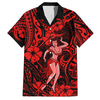 Red and black Hawaiian button-up shirt with hula girl, hibiscus flowers, tribal swirl print