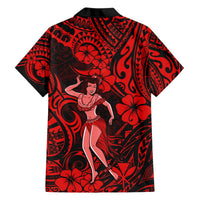 Red and black short-sleeve Hawaiian shirt with hula girl graphic and hibiscus tribal pattern