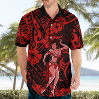 Red and black Hawaiian shirt on a man: hula girl and hibiscus print, button-down collar
