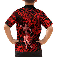Back of red and black Hawaiian shirt with centered hula girl graphic and hibiscus tribal print