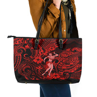 Hawaii Hula Girl Leather Tote Bag Hibiscus Hawaii Tribal Tattoo Red Version - Wonder Print Shop