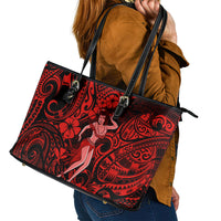 Hawaii Hula Girl Leather Tote Bag Hibiscus Hawaii Tribal Tattoo Red Version - Wonder Print Shop
