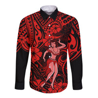 Hawaii Hula Girl Long Sleeve Button Shirt Hibiscus Hawaii Tribal Tattoo Red Version - Wonder Print Shop