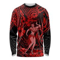 Hawaii Hula Girl Long Sleeve Shirt Hibiscus Hawaii Tribal Tattoo Red Version - Wonder Print Shop