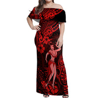 Hawaii Hula Girl Off Shoulder Maxi Dress Hibiscus Hawaii Tribal Tattoo Red Version - Wonder Print Shop