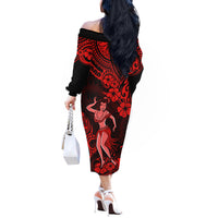 Hawaii Hula Girl Off The Shoulder Long Sleeve Dress Hibiscus Hawaii Tribal Tattoo Red Version - Wonder Print Shop