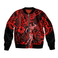 Hawaii Hula Girl Sleeve Zip Bomber Jacket Hibiscus Hawaii Tribal Tattoo Red Version - Wonder Print Shop