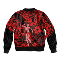 Hawaii Hula Girl Sleeve Zip Bomber Jacket Hibiscus Hawaii Tribal Tattoo Red Version - Wonder Print Shop
