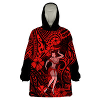 Hawaii Hula Girl Wearable Blanket Hoodie Hibiscus Hawaii Tribal Tattoo Red Version - Wonder Print Shop