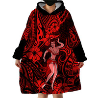 Hawaii Hula Girl Wearable Blanket Hoodie Hibiscus Hawaii Tribal Tattoo Red Version - Wonder Print Shop