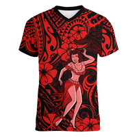 Hawaii Hula Girl Women V Neck T Shirt Hibiscus Hawaii Tribal Tattoo Red Version - Wonder Print Shop