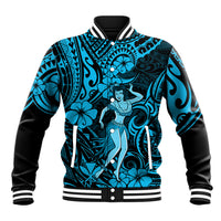 Hawaii Hula Girl Baseball Jacket Hibiscus Hawaii Tribal Tattoo Sky Blue Version - Wonder Print Shop