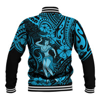Hawaii Hula Girl Baseball Jacket Hibiscus Hawaii Tribal Tattoo Sky Blue Version - Wonder Print Shop
