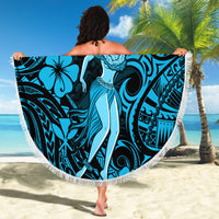 Hawaii Hula Girl Beach Blanket Hibiscus Hawaii Tribal Tattoo Sky Blue Version - Wonder Print Shop