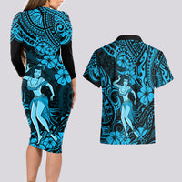 Hawaii Hula Girl Couples Matching Long Sleeve Bodycon Dress and Hawaiian Shirt Hibiscus Hawaii Tribal Tattoo Sky Blue Version - Wonder Print Shop
