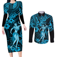 Hawaii Hula Girl Couples Matching Long Sleeve Bodycon Dress and Long Sleeve Button Shirts Hibiscus Hawaii Tribal Tattoo Sky Blue Version - Wonder Print Shop