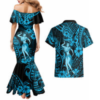 Hawaii Hula Girl Couples Matching Mermaid Dress and Hawaiian Shirt Hibiscus Hawaii Tribal Tattoo Sky Blue Version - Wonder Print Shop