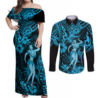 Hawaii Hula Girl Couples Matching Off Shoulder Maxi Dress and Long Sleeve Button Shirts Hibiscus Hawaii Tribal Tattoo Sky Blue Version - Wonder Print Shop