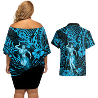 Hawaii Hula Girl Couples Matching Off Shoulder Short Dress and Hawaiian Shirt Hibiscus Hawaii Tribal Tattoo Sky Blue Version - Wonder Print Shop