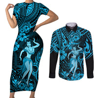 Hawaii Hula Girl Couples Matching Short Sleeve Bodycon Dress and Long Sleeve Button Shirts Hibiscus Hawaii Tribal Tattoo Sky Blue Version - Wonder Print Shop