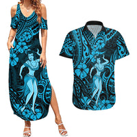 Hawaii Hula Girl Couples Matching Summer Maxi Dress and Hawaiian Shirt Hibiscus Hawaii Tribal Tattoo Sky Blue Version - Wonder Print Shop