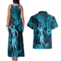 Hawaii Hula Girl Couples Matching Tank Maxi Dress and Hawaiian Shirt Hibiscus Hawaii Tribal Tattoo Sky Blue Version - Wonder Print Shop