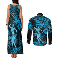 Hawaii Hula Girl Couples Matching Tank Maxi Dress and Long Sleeve Button Shirts Hibiscus Hawaii Tribal Tattoo Sky Blue Version - Wonder Print Shop